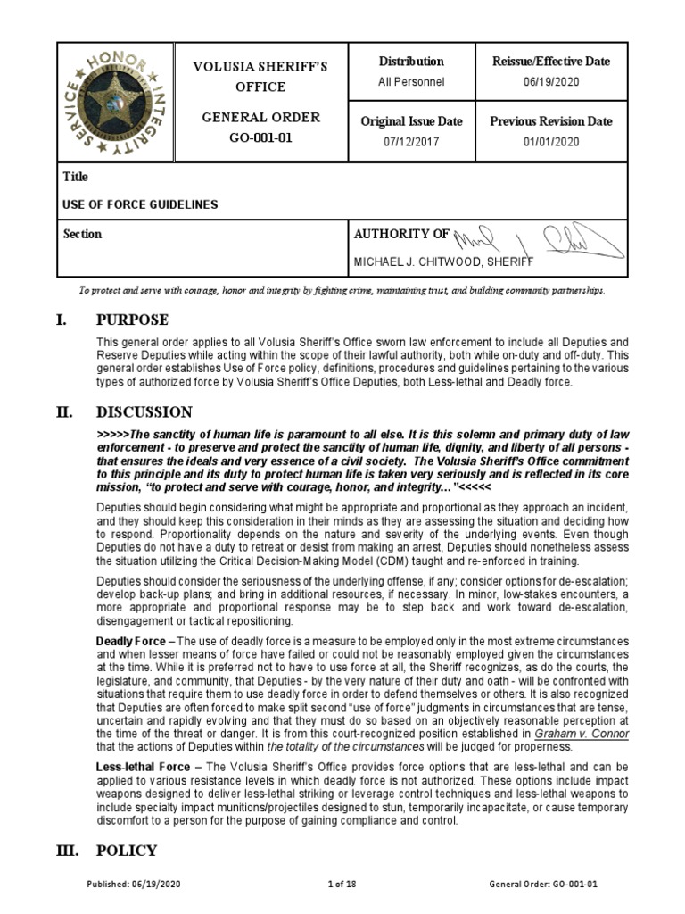 VCSO GO00101 Use of Force Guidelines PDF Deadly Force Use Of Force
