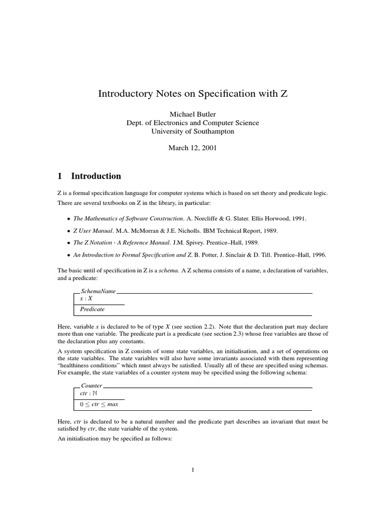 Introductory Notes On Speci Cation With Z (Paper) PDF | PDF | Function ...