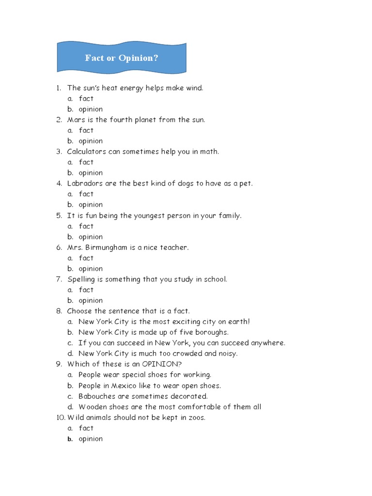 Fact or Opinion (10 Numbers Multiple Choice) | PDF | Travel | Language ...