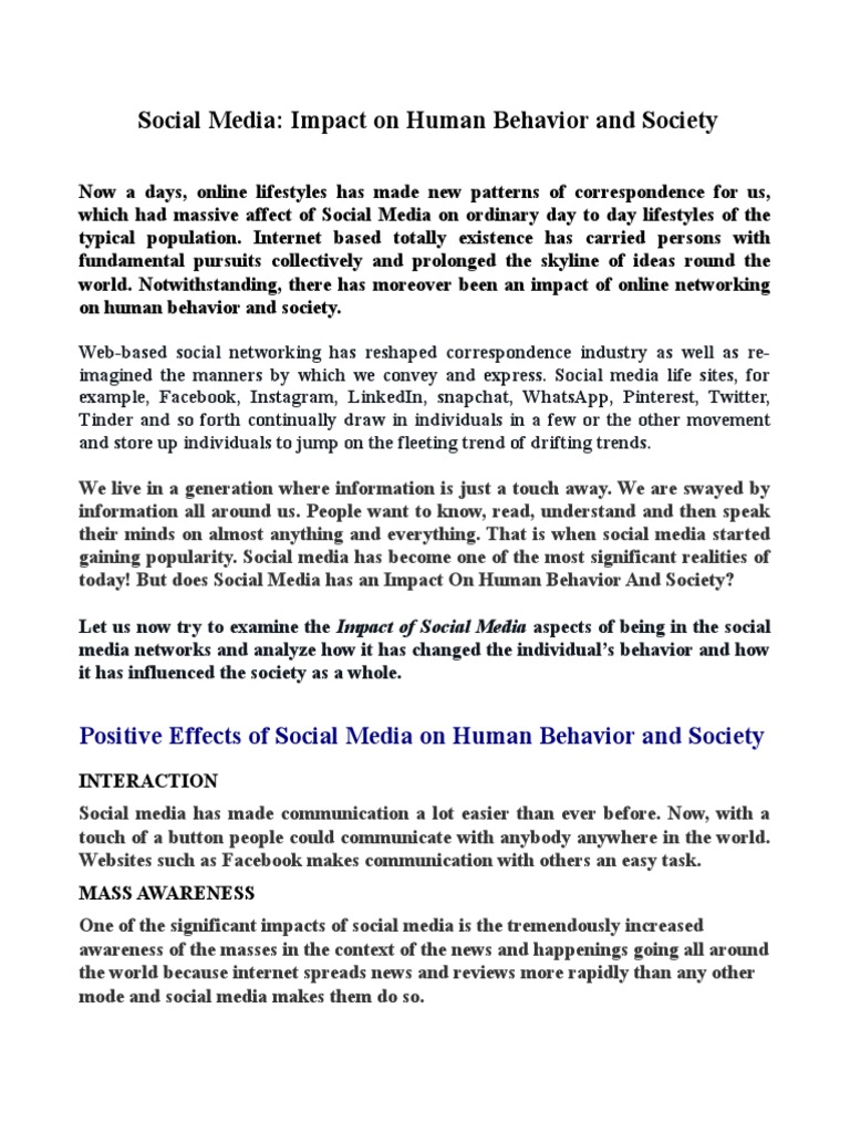 Social Media's Impact on Behavior and Society | PDF | Cyberbullying ...