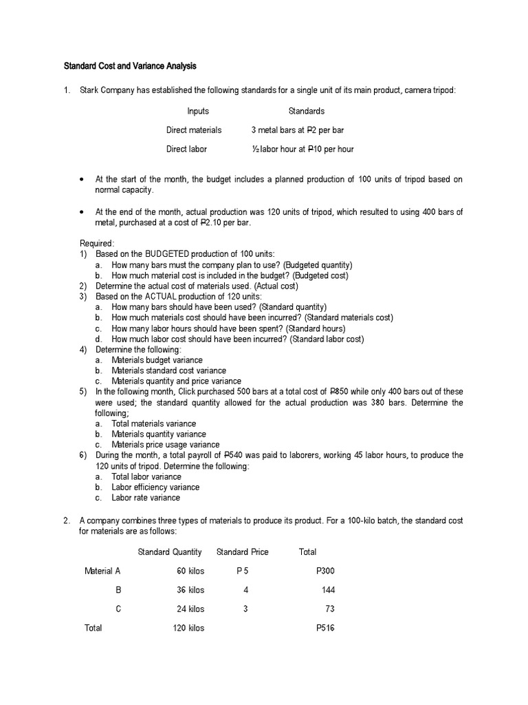 Mas 1 standard cost and variance analysis pdf cost business