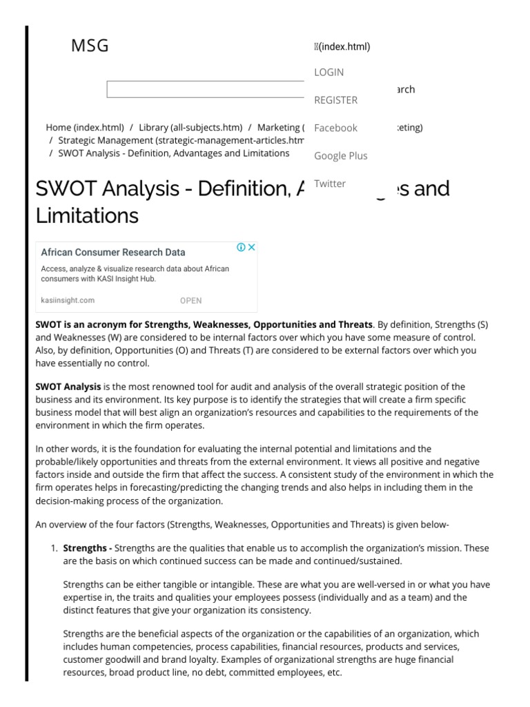 SWOT Analysis - Definition, Advantages and Limitations PDF | PDF | Swot ...
