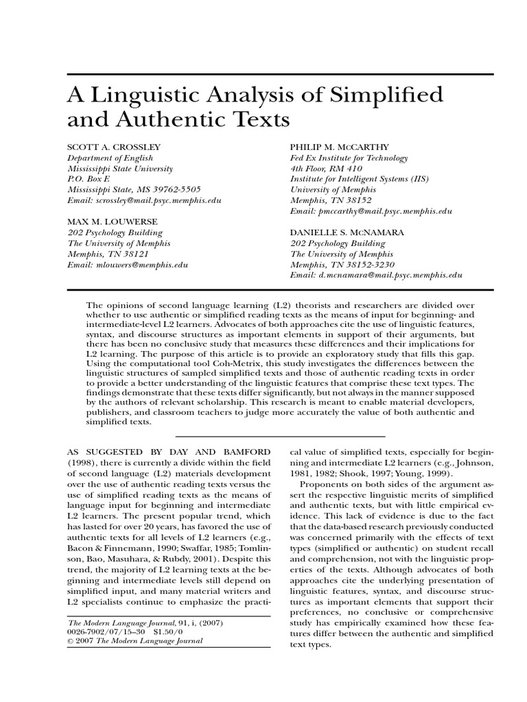 A Linguistic Analysis of Simplified and Authentic Texts: The Modern ...