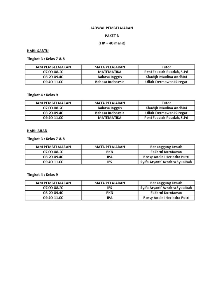 Jadwal Pembelajaran Paket B 2020 (Baru) | PDF