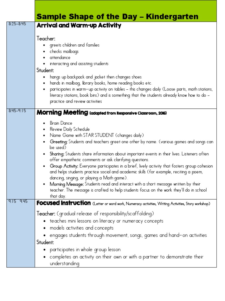 Kindergarten Day Plan Template