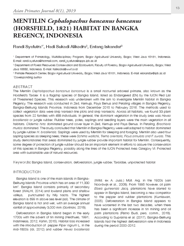 Asian Primates Journal 8 (1), PP 1324, 2019 PDF Organisms