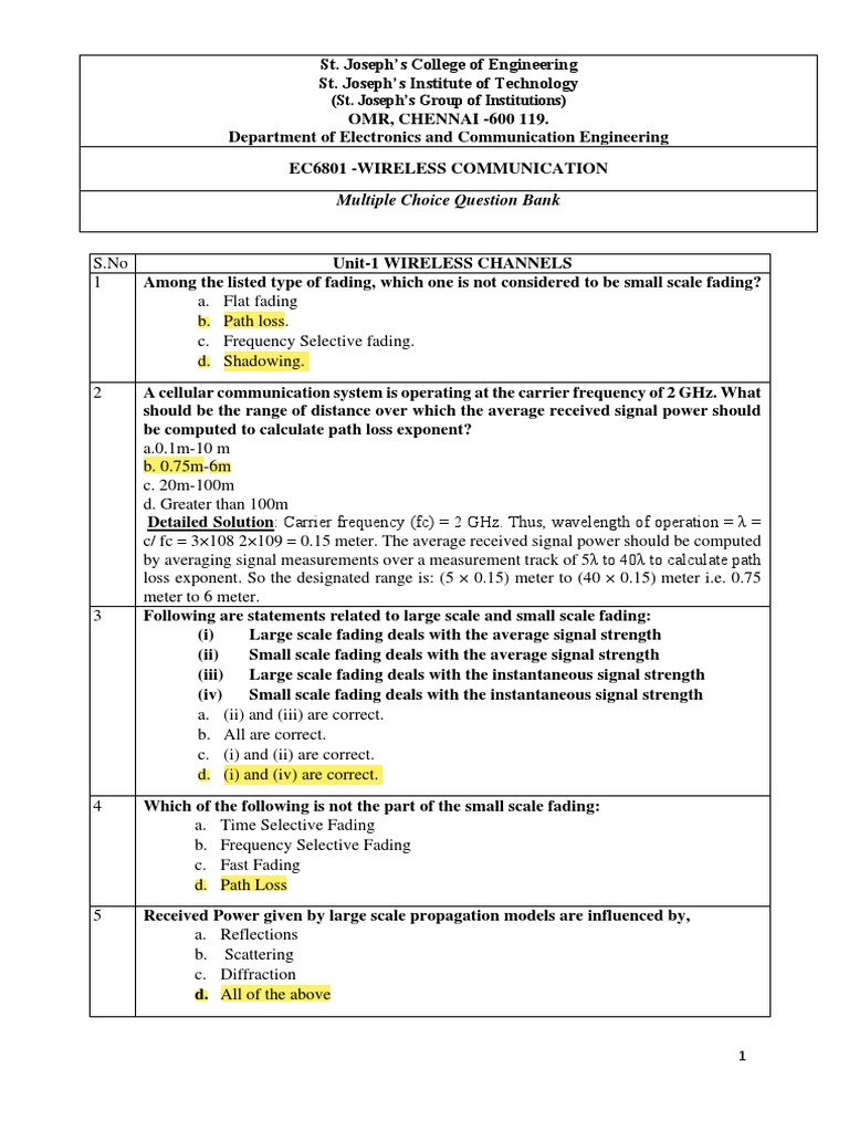Wireless Communications MCQ PDF Orthogonal Frequency Division
