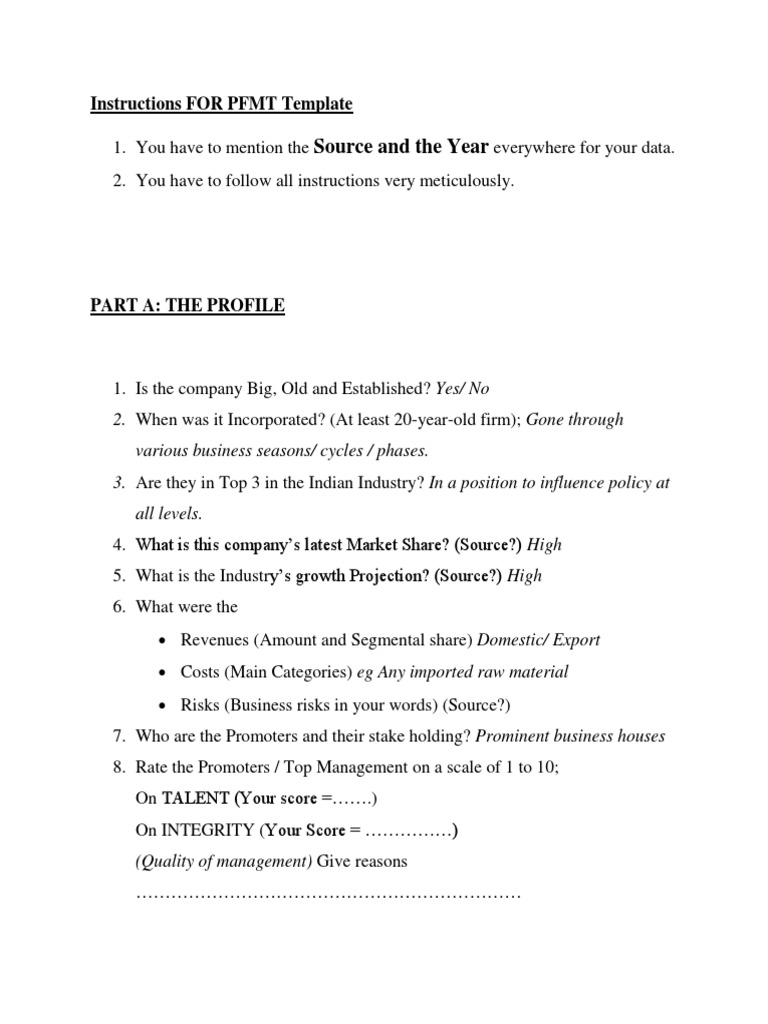 Source and The Year: Instructions FOR PFMT Template | PDF | Price ...