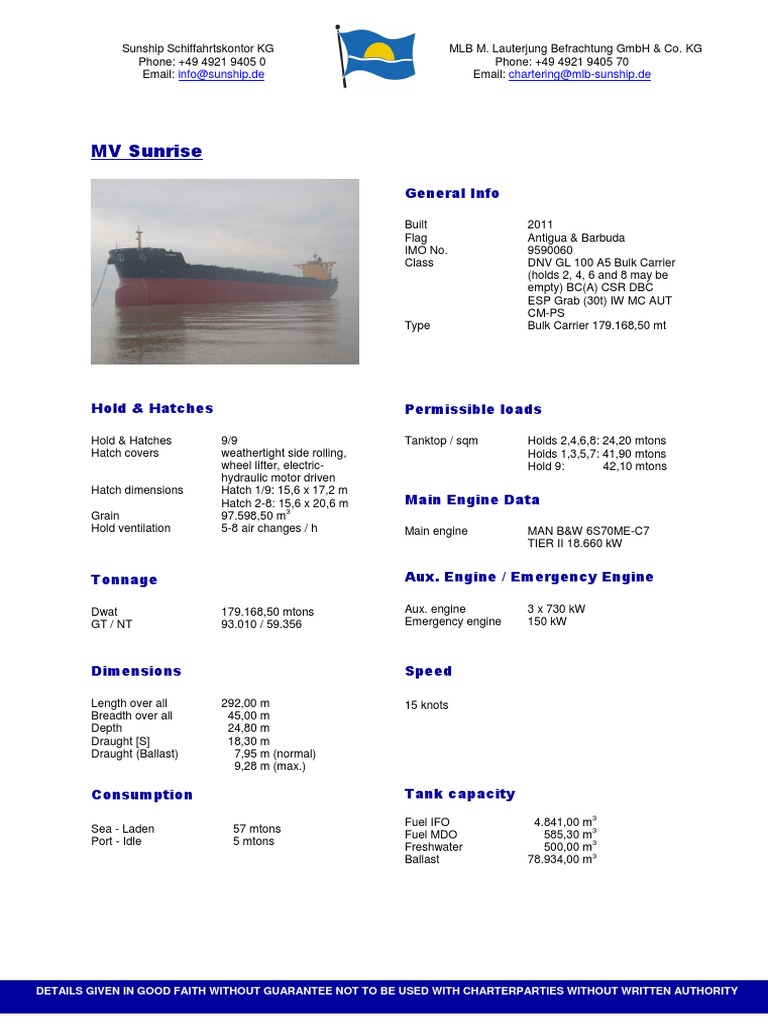 MV Sunrise IMO 9590060 | PDF | Vehicles | Watercraft
