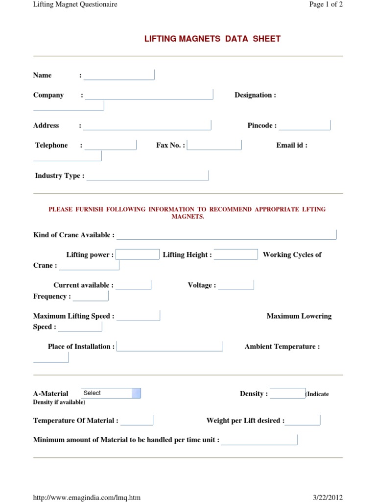 Lifting Magnets Data Sheet: Please Furnish Following Information To ...