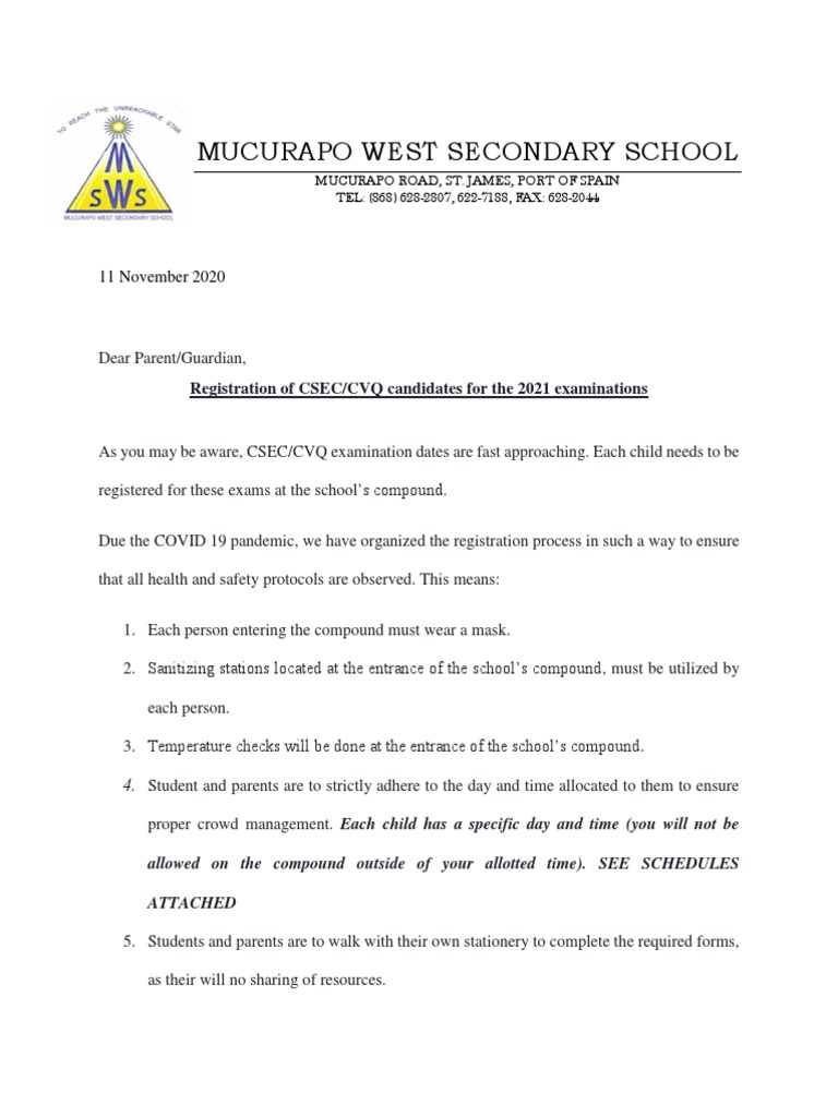 Letter of Invitation To Parents For CSEC Registration | PDF