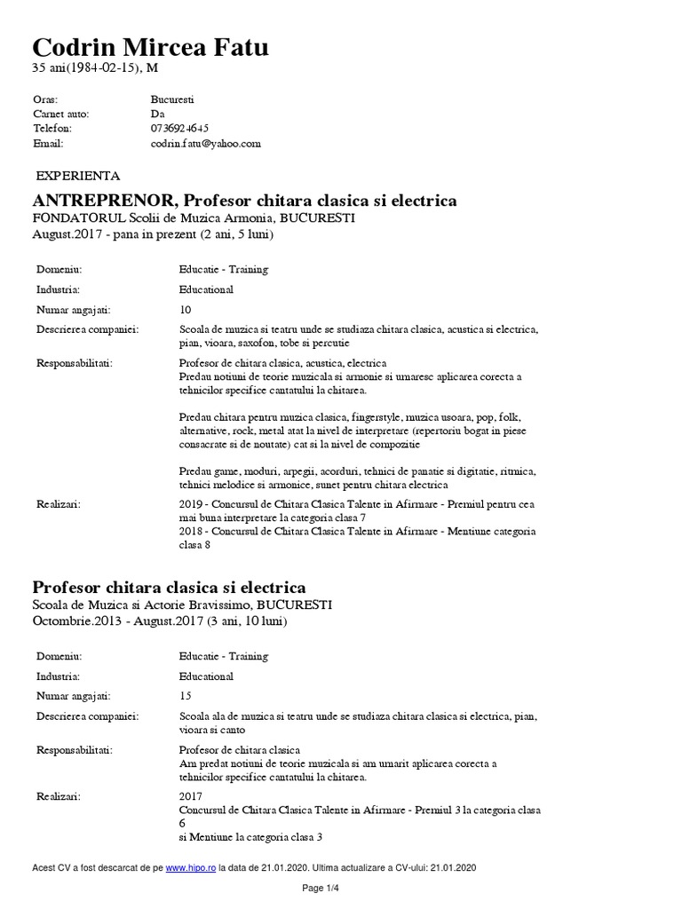 CV Fatu Codrin Mircea Profesor Chimie PDF | PDF