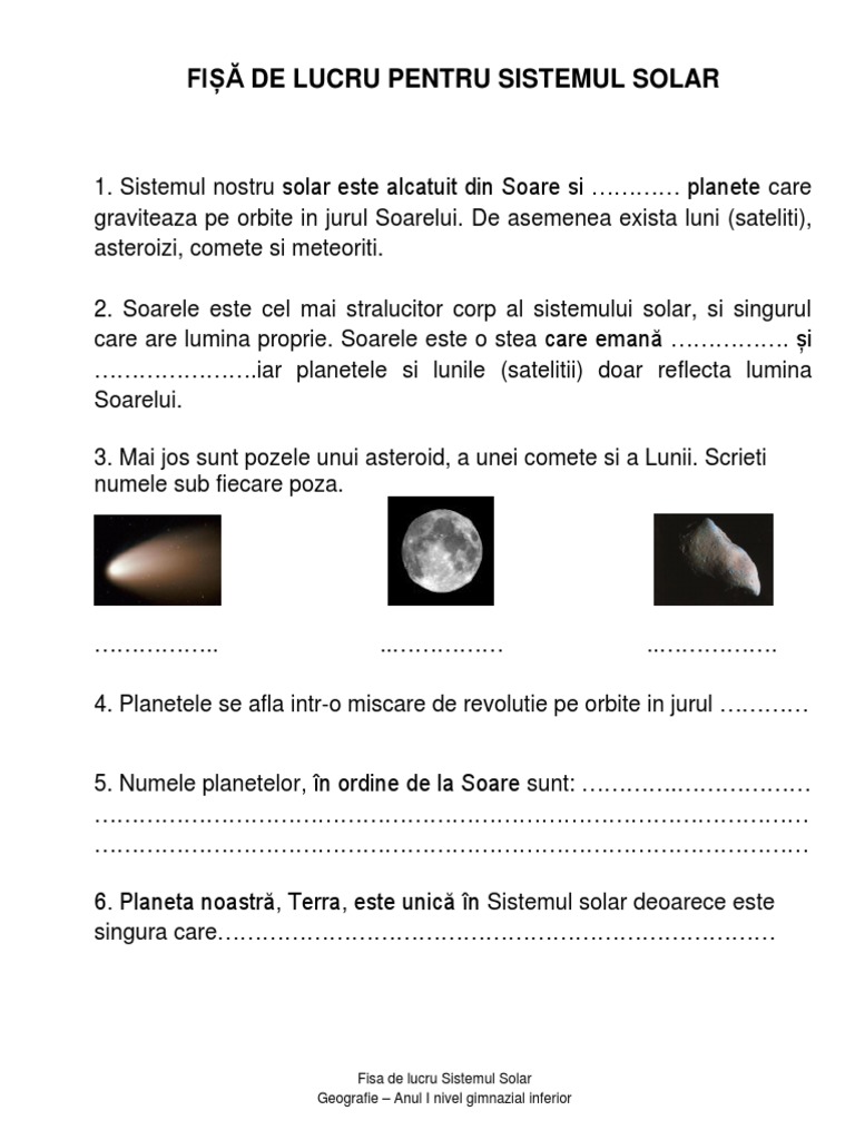 Fisa De Lucru Planetele Sistemului Solar Fisa Lucru Sistemul Solar | PDF