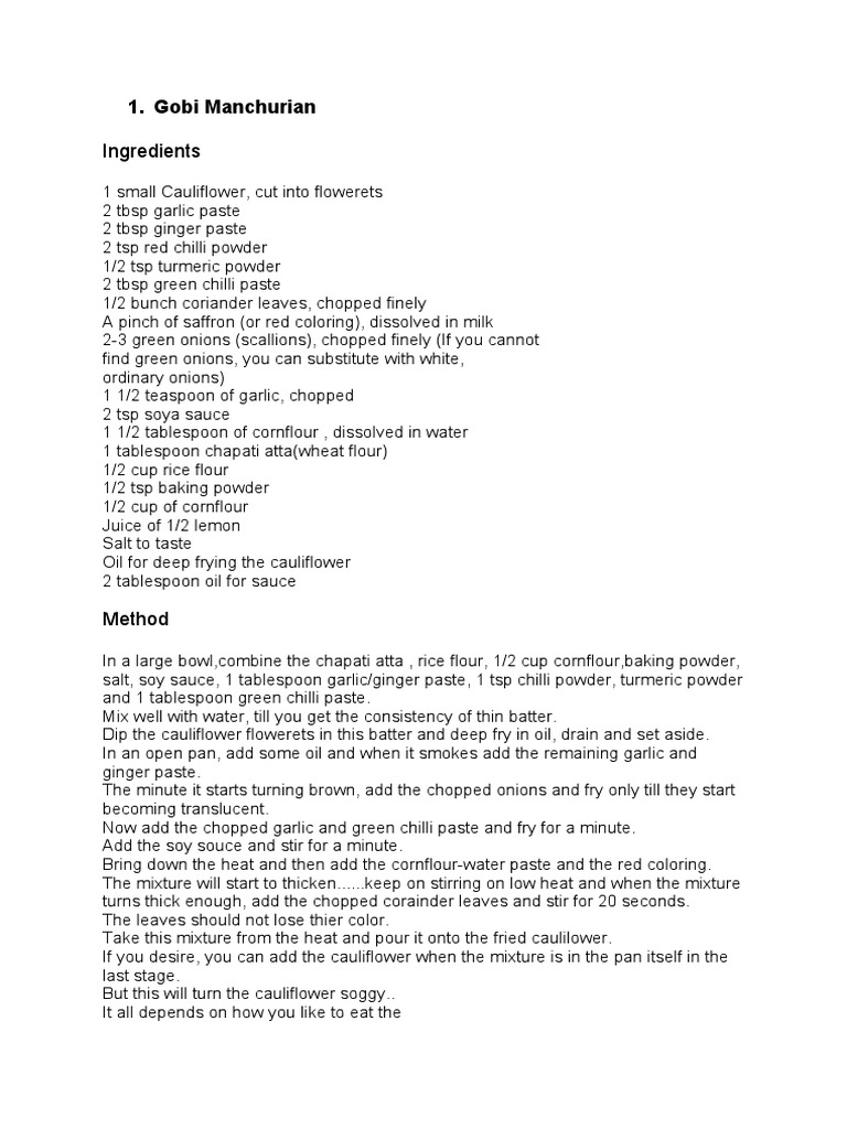 Ingredients: 1. Gobi Manchurian | PDF | Scallion | Ginger