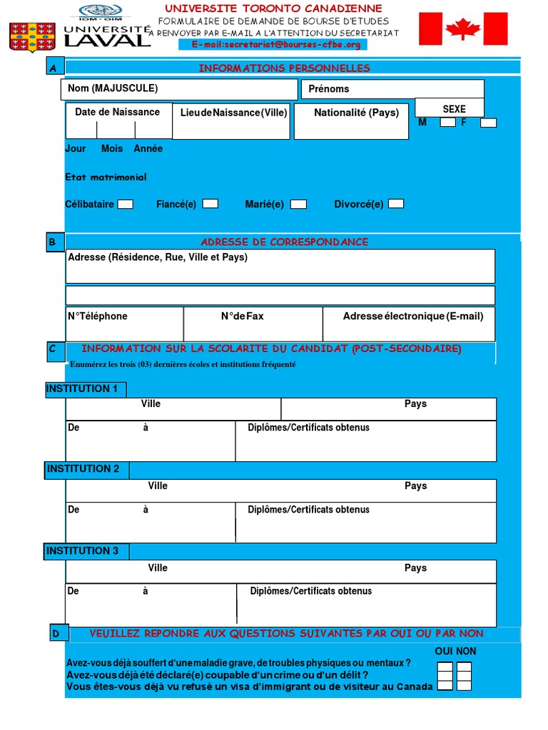 Formulaire De Demande De Visa Pour L Angleterre Pdf Formulaire Doctroi de Bourse Detude U-Laval Canada PDF | PDF | Arts | Canada