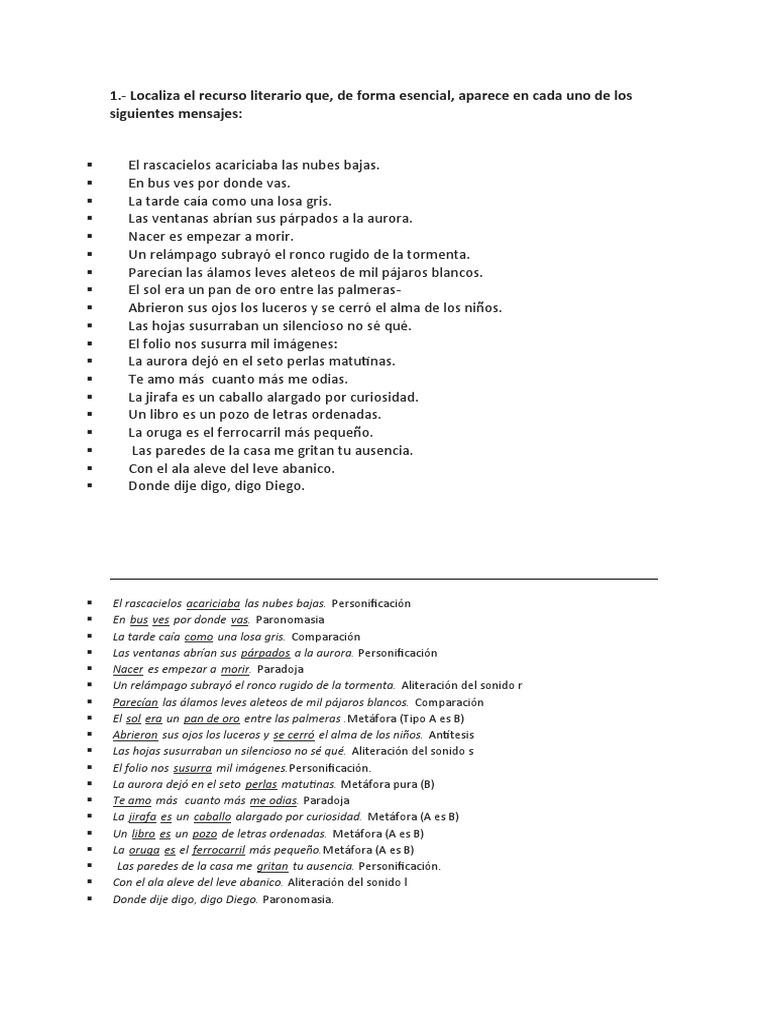 Ejercicios de Recursos Literarios 1 ESO | PDF