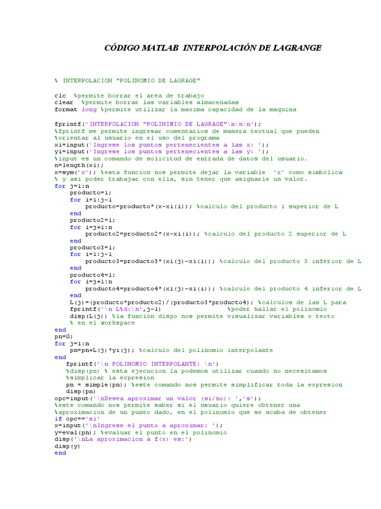 Codigo Matlab Interpolacion de Lagrange PDF | PDF