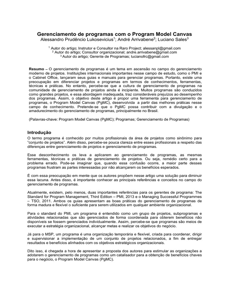 Program Model Canvas para Gerenciamento de Programas | PDF | Governança ...