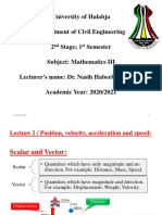 Halabja University Mathematics III Lecture on Position, Velocity and Acceleration