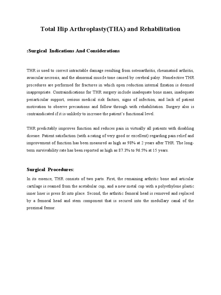 Total Hip Arthroplasty Overview and Techniques | PDF | Physical Therapy ...