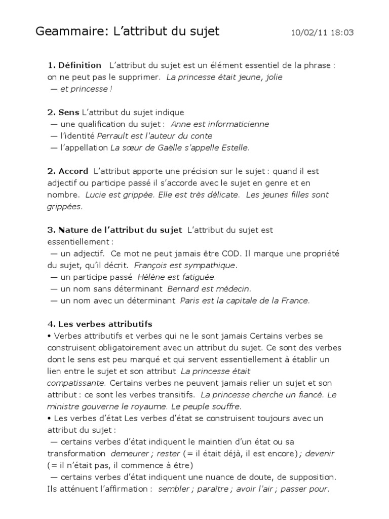Cod Ou Attribut Du Sujet Exercices à Imprimer Geammaire L Attribut Du Sujet | PDF | Sujet (Grammaire) | Adjectif