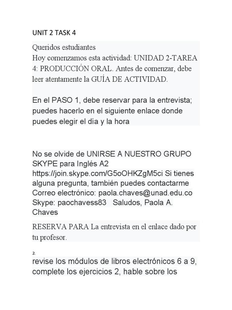 Producción Oral: Actividades Unidad 2 | PDF