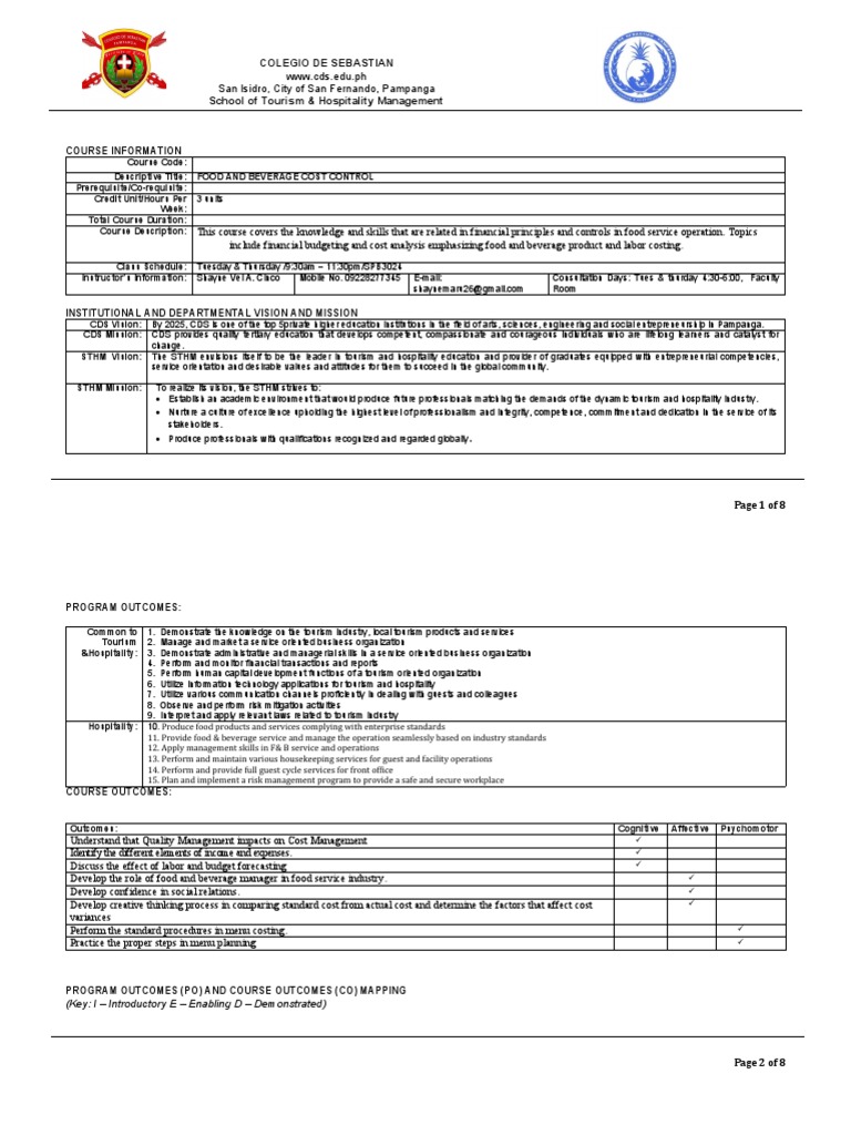 OBESYLLABUSfood and Beverage Cost Control PDF Academic Dishonesty