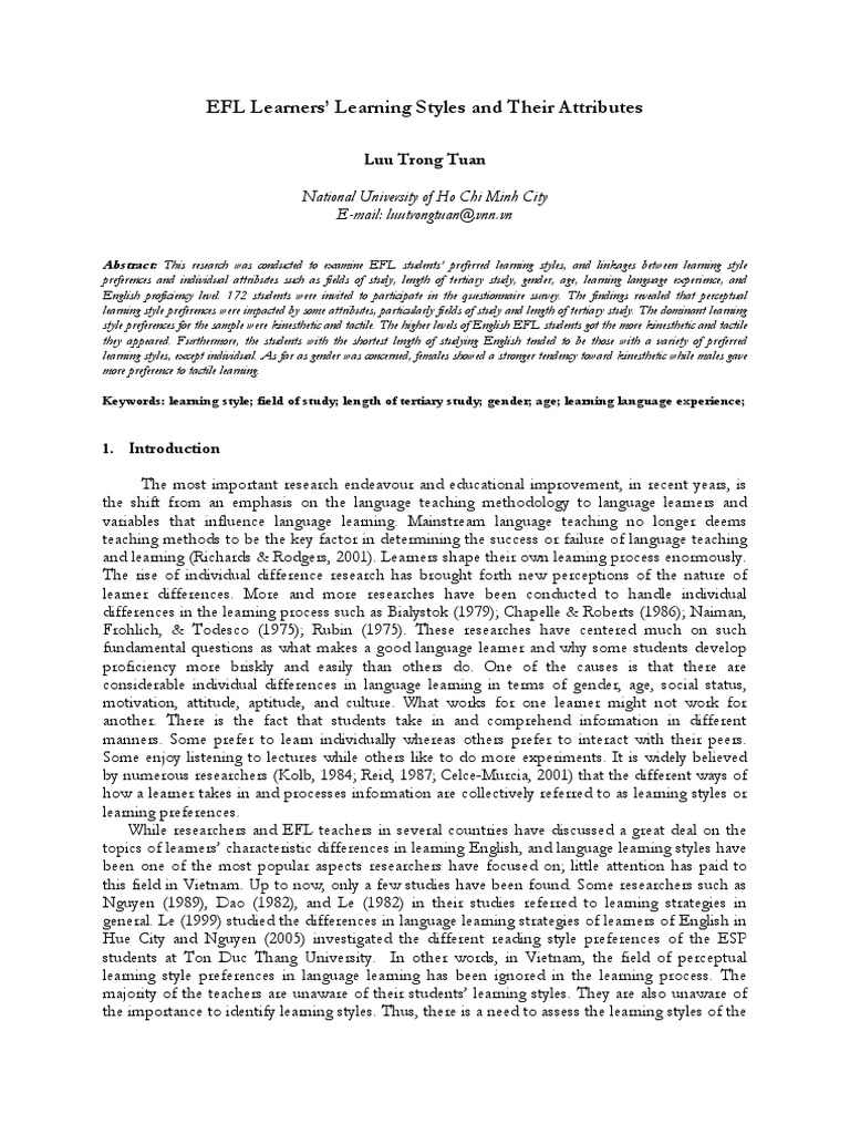 EFL Learners Learning Styles and Their Attributes PDF | PDF | Learning ...