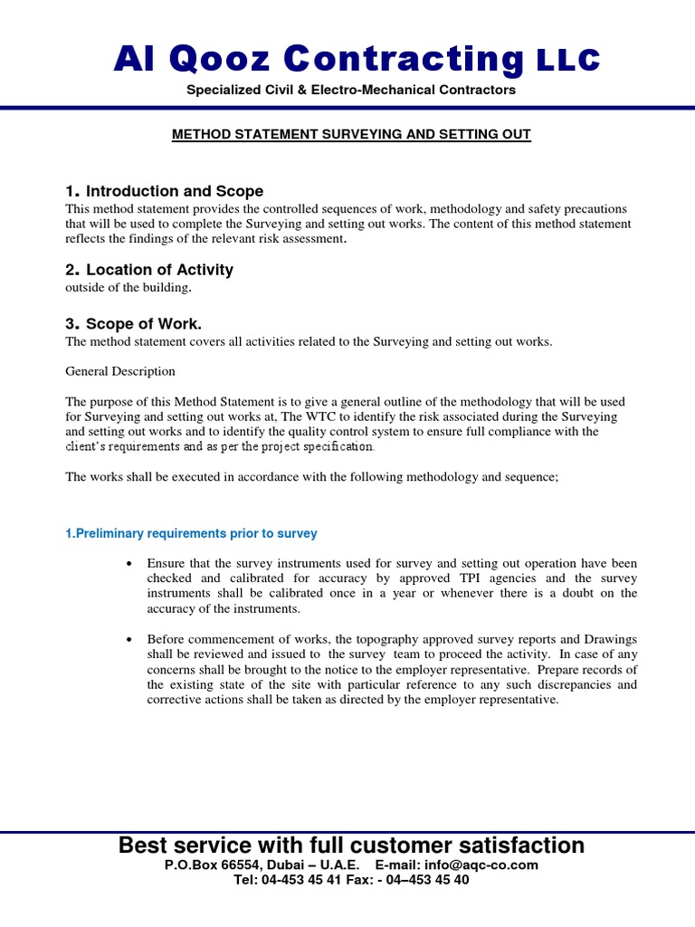 Surveying and Setting Out Method Statement | PDF | Safety | Personal ...