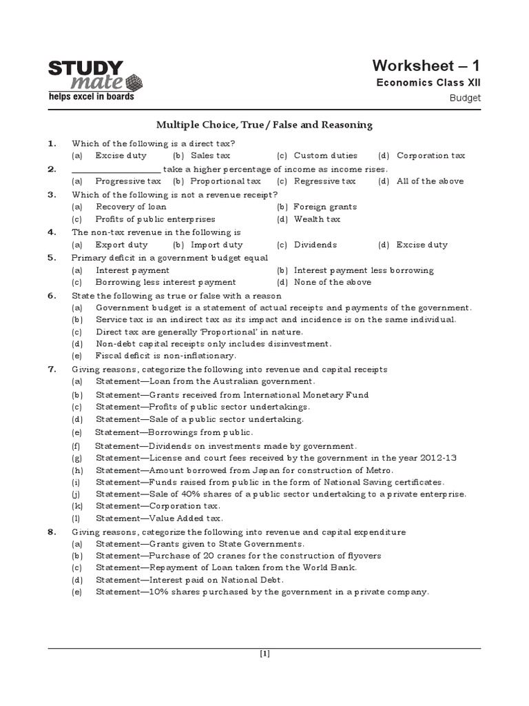 Worksheet - 1: Economics Class XII | PDF | Government Budget Balance ...