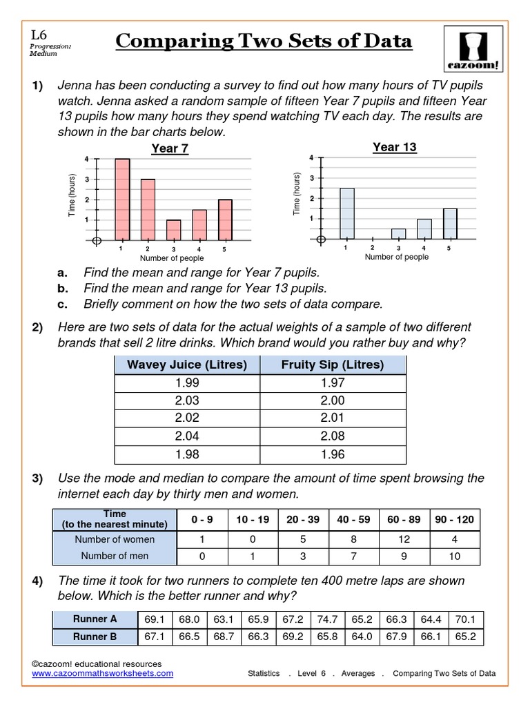 Statistics. Level 6. Averages. Comparing Two Sets of Data | PDF | Mean ...