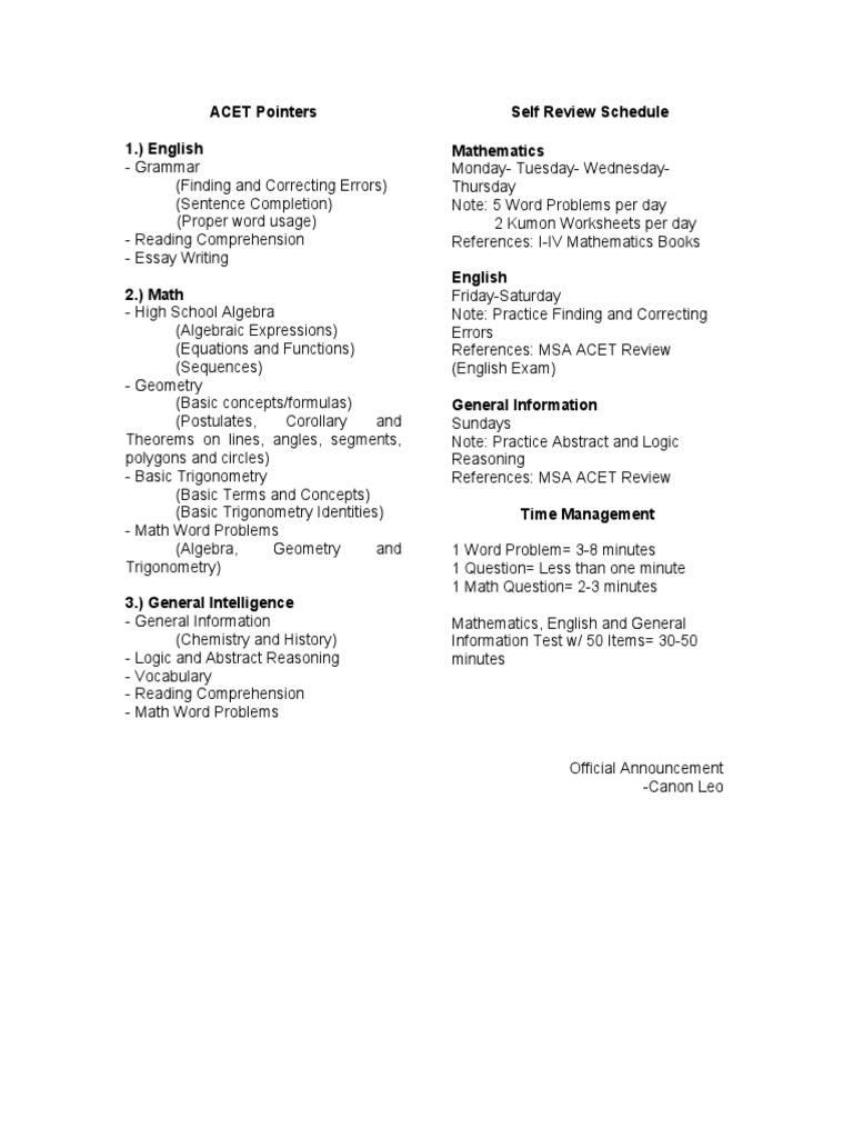 ACET Study Guide: Math & English Tips | PDF
