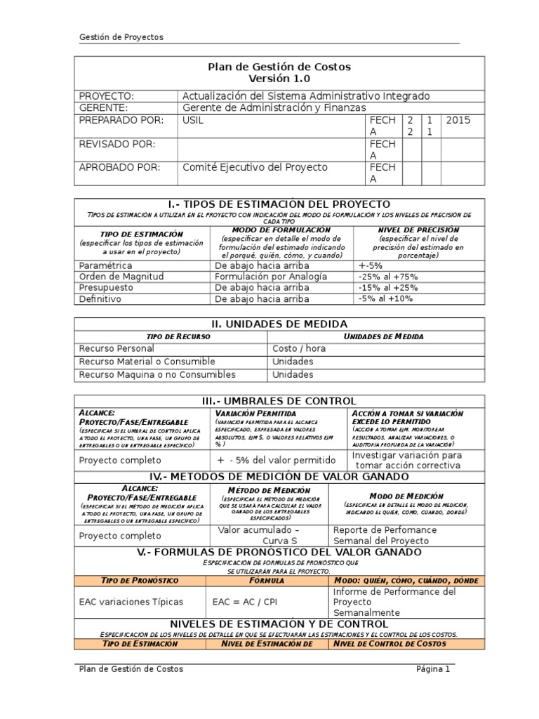 Plan de Gestión de Costos del Proyecto | PDF | Gestión de proyectos ...