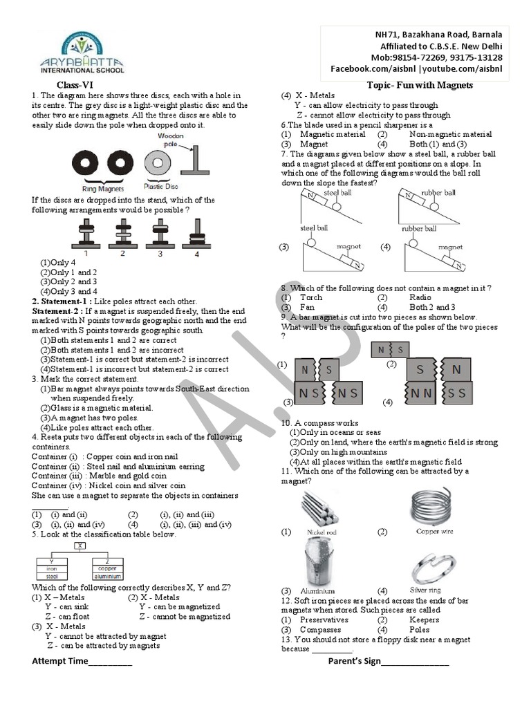 Fun with Magnets: Class VI Worksheet | PDF | Magnet | Magnetism