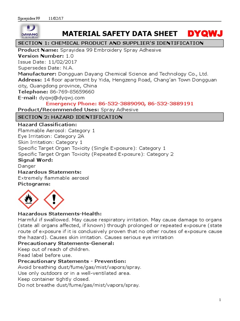 Sprayidea 99 Embroidery Spray Adhesive MSDS PDF Fires Hazardous Waste