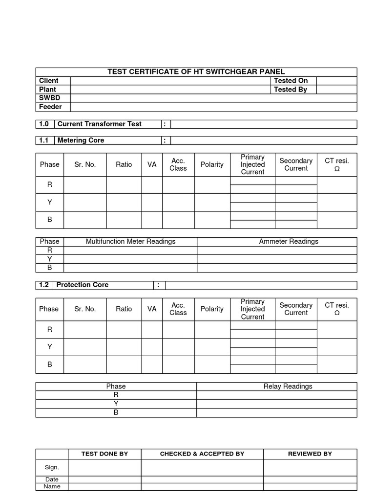 Test Certificate of HT Switchgear Panel | PDF | Electrical Components ...