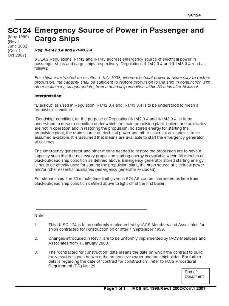 Emergency Power Requirements for Restoring Propulsion Within 30 Minutes