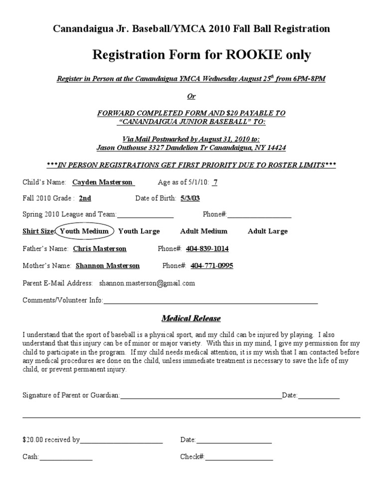 2010 Rookie Fall Ball Reg Form | PDF | Law | Wellness