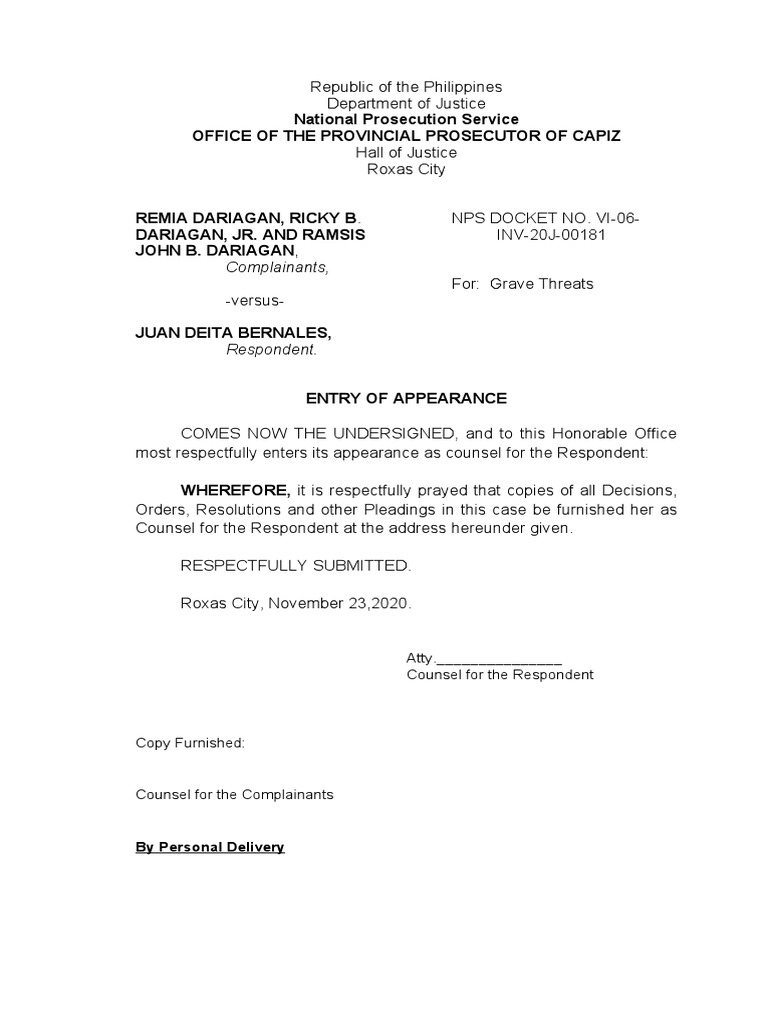 Entry of Appearance For Grave Threats PDF