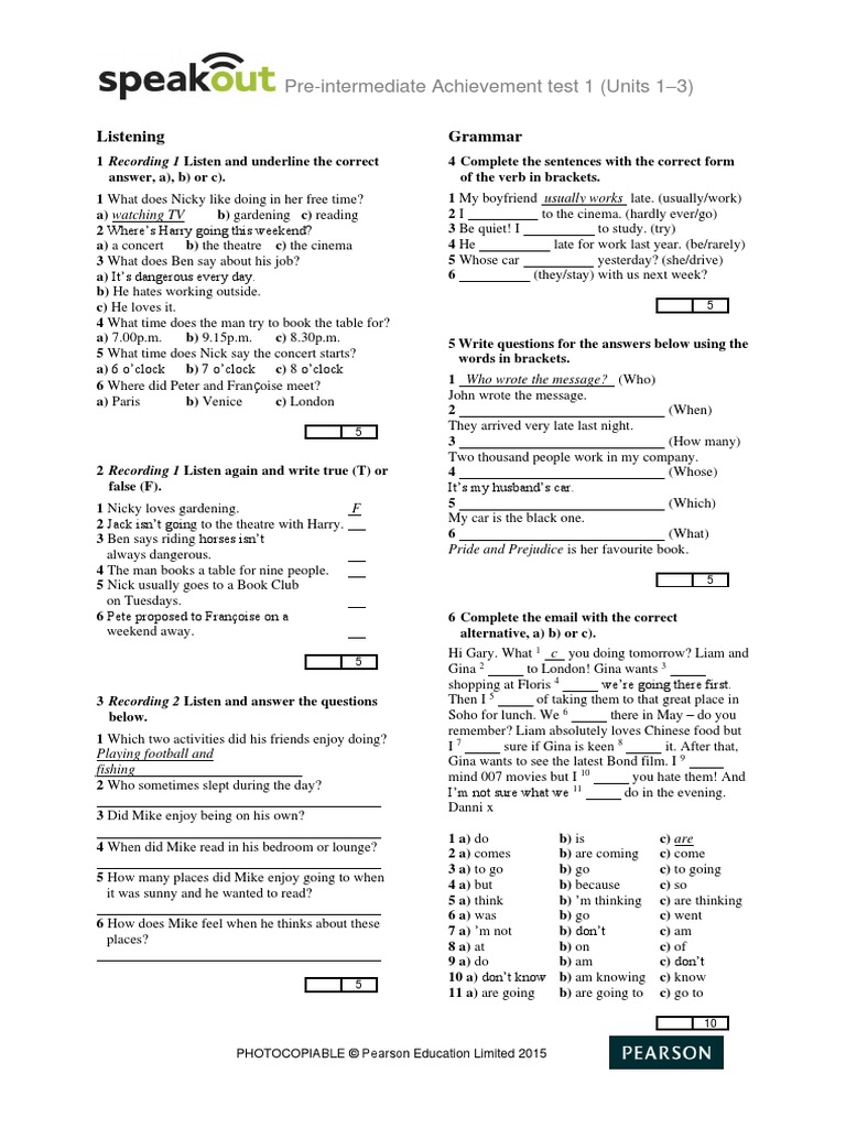 Pre-Intermediate Achievement Test 1 (Units 1 - 3) : Listening Grammar | PDF