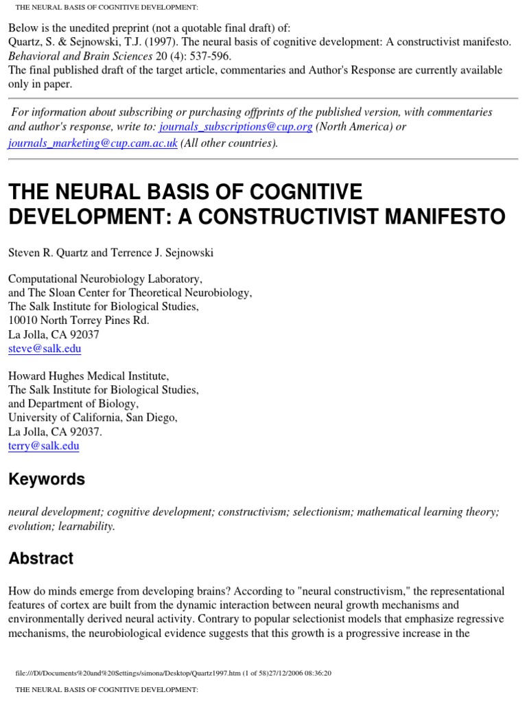 Neural Constructivism in Cognitive Development | PDF | Cerebral Cortex ...