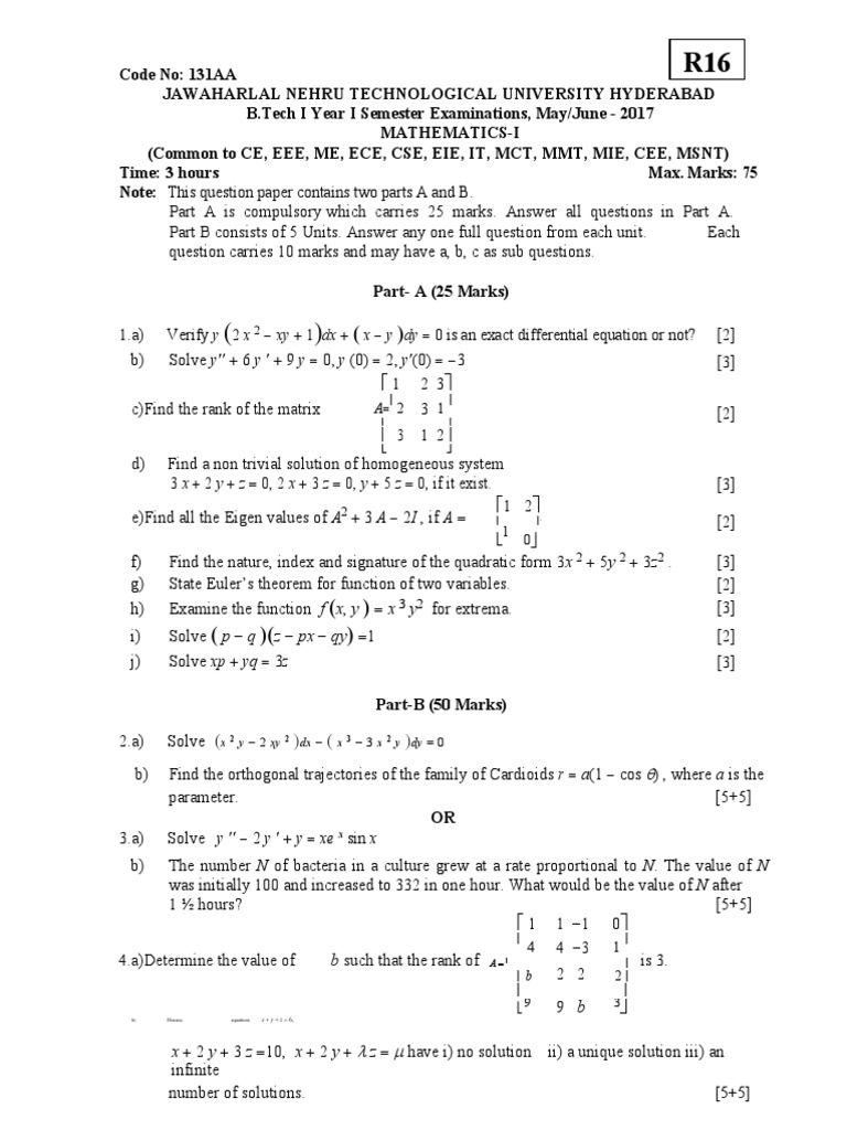 B.Tech Mathematics I Exam 2017 | PDF | Theoretical Physics | Numerical ...