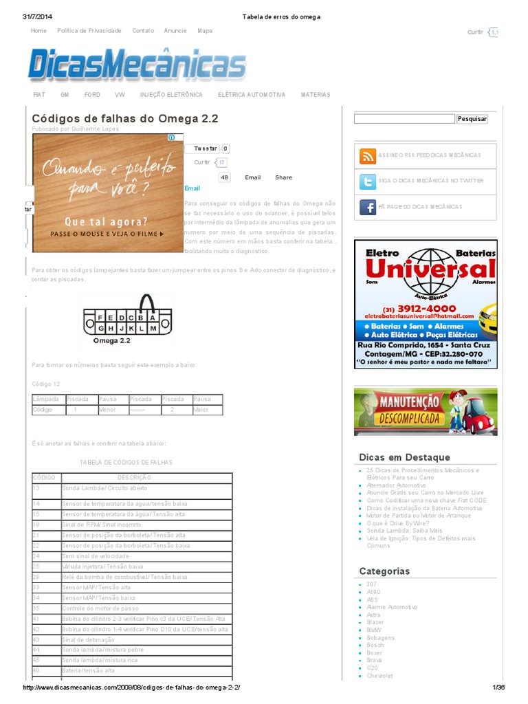Tabela de Erros Do Omega PDF | PDF | Relé | Carro