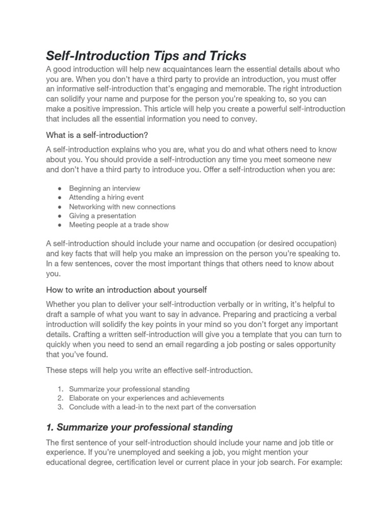 Self Introduction Sample | PDF | Psychological Concepts | Behavior ...