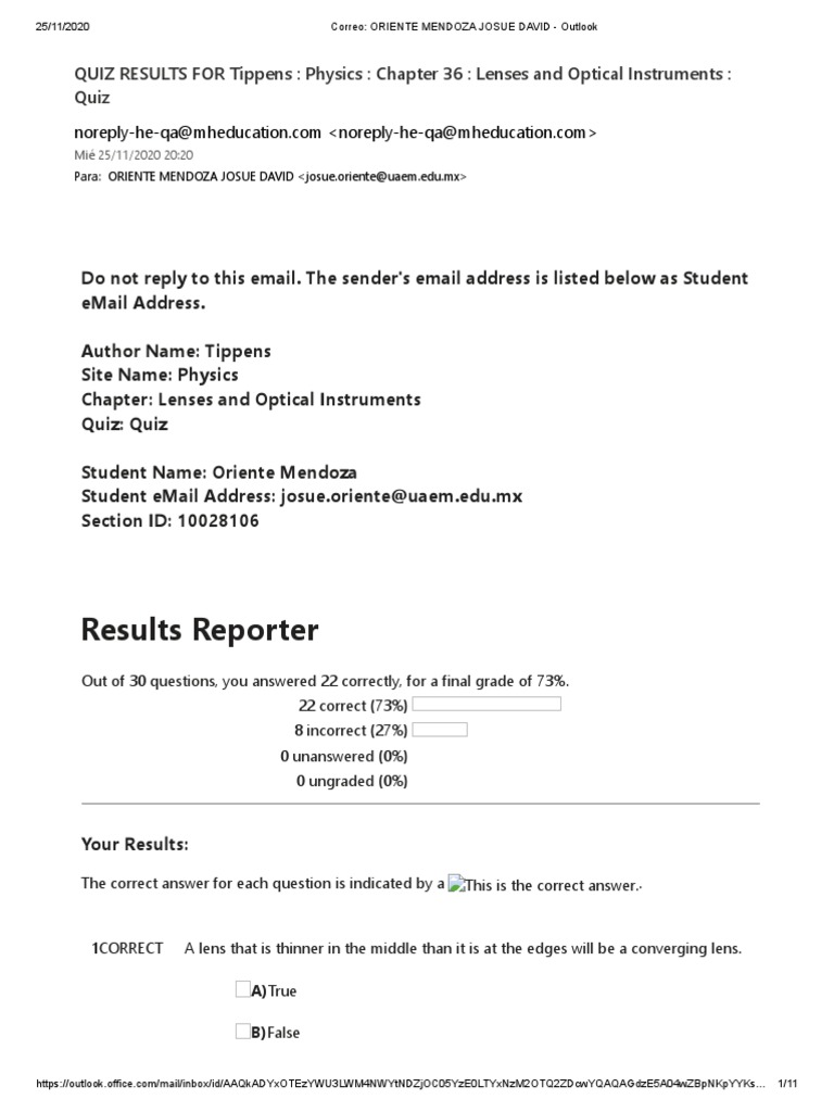 Results Reporter QUIZ RESULTS FOR Tippens Physics Chapter 36 Lenses