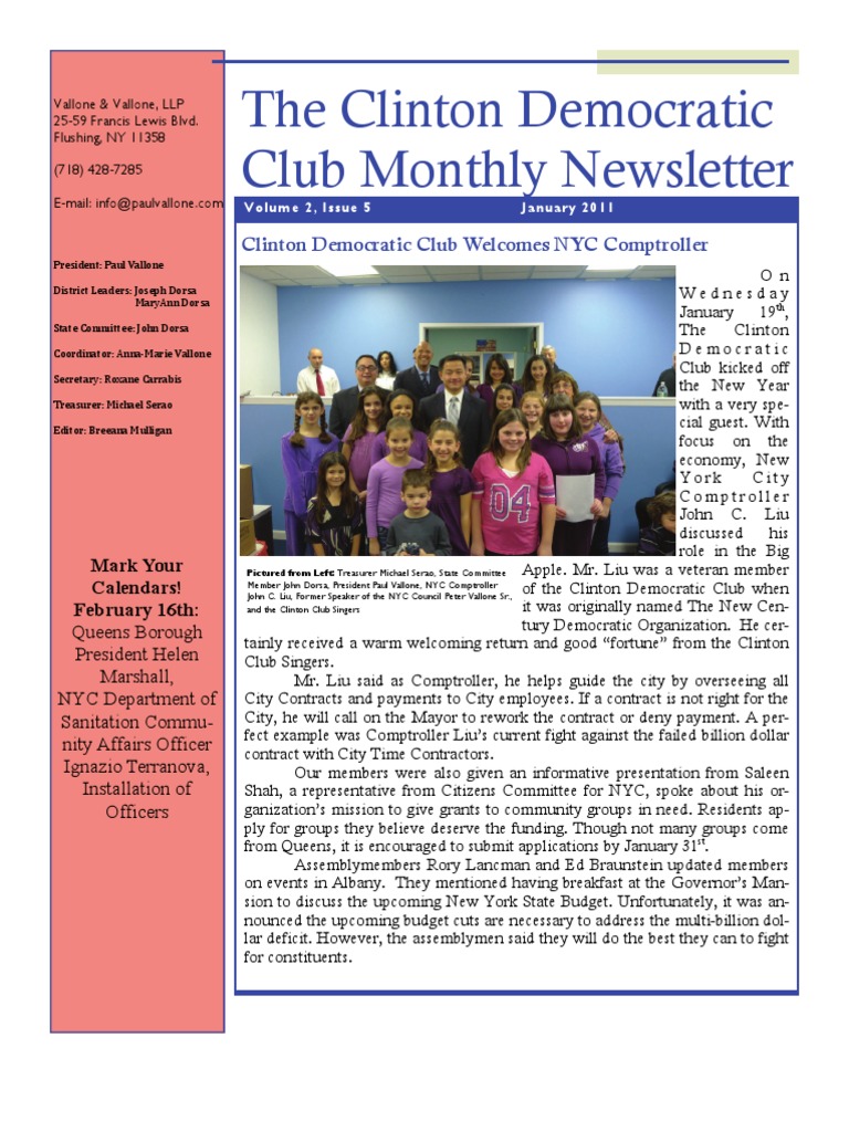 Clinton Democratic Club Welcomes Liu | PDF | Government