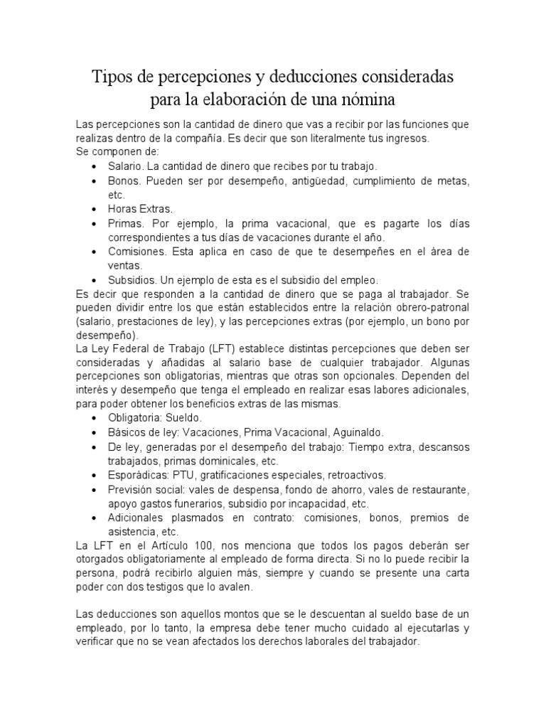 Percepciones y Deducciones en Nómina | PDF | Impuesto sobre la renta ...