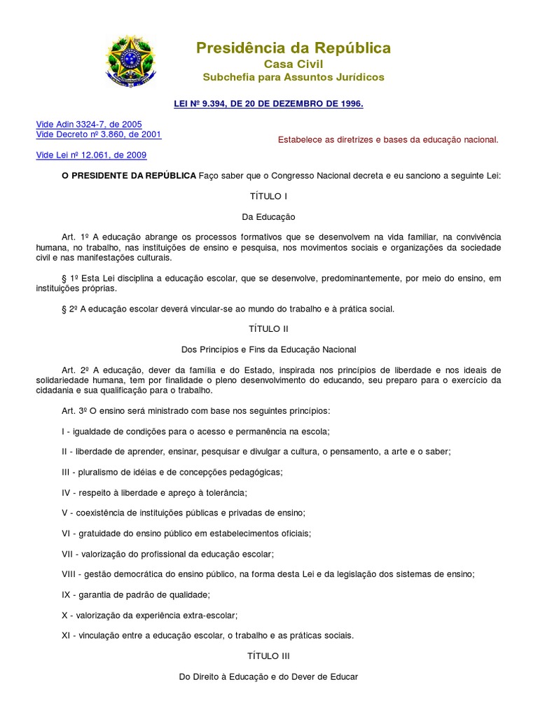 Lei 9394/96 (Lei de Diretrizes e Bases da Educação) | PDF ...