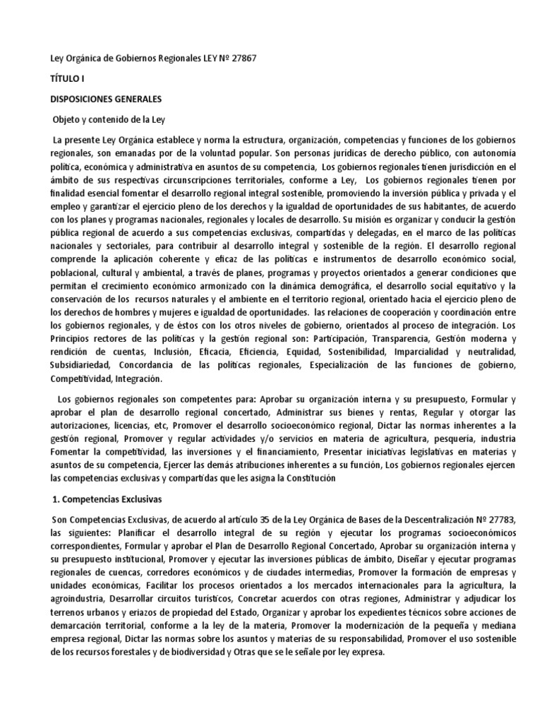 Ley Orgánica de Gobiernos Regionales LEY 27867 PDF Igualdad de
