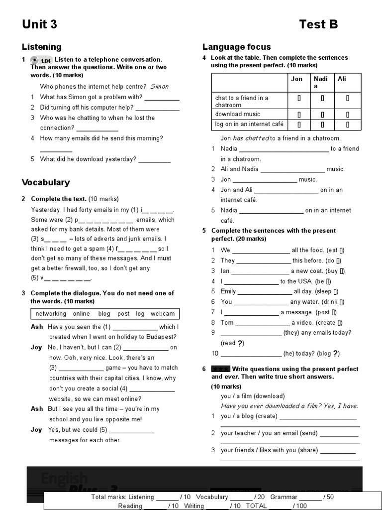 Unit 3 Test B: Listening & Vocabulary | PDF | Email Spam | Internet